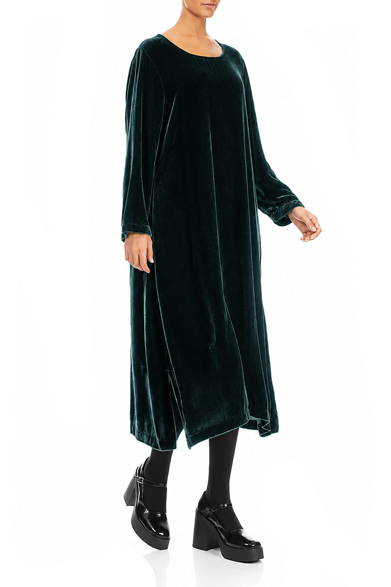 Deep Turquoise Silk Velvet Shift Dress 3