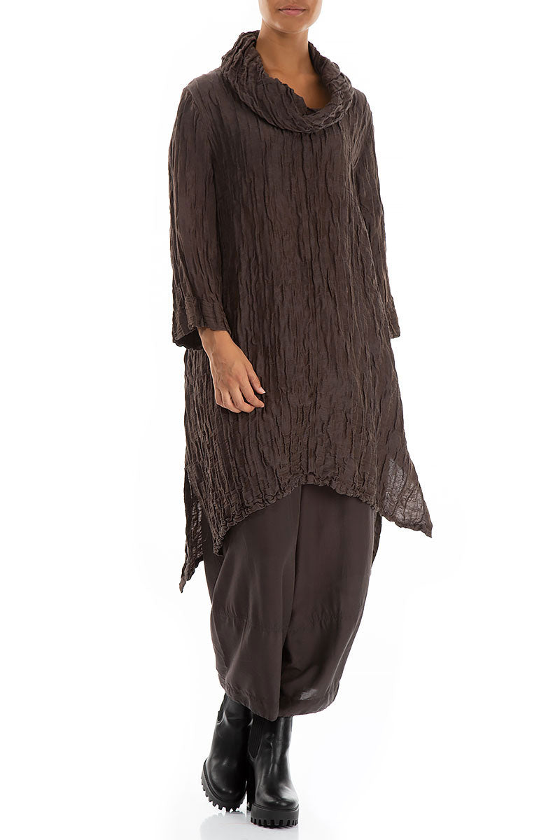 Detachable Collar Crinkled Ash Brown Silk Linen Tunic 5
