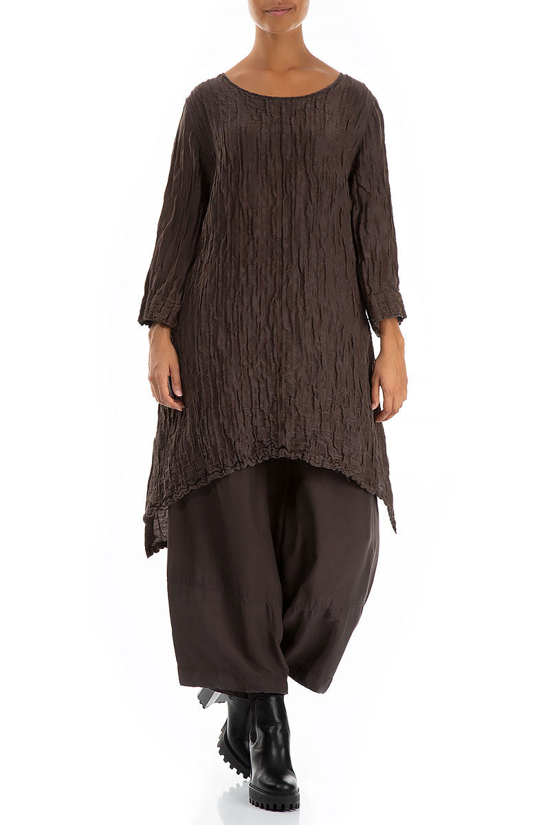 Detachable Collar Crinkled Ash Brown Silk Linen Tunic 6