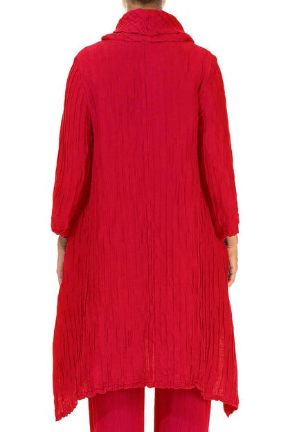 Detachable Collar Crinkled Cherry Red Silk Linen Tunic