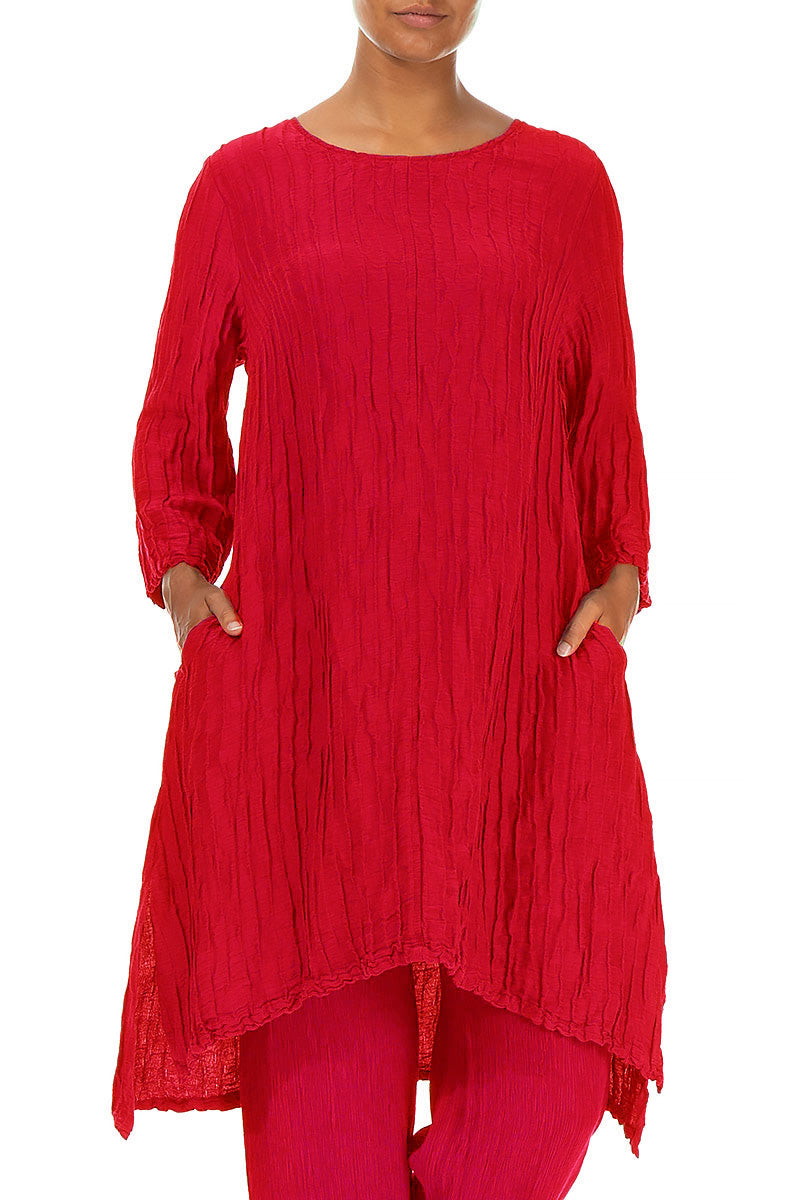 Detachable Collar Crinkled Cherry Red Silk Linen Tunic
