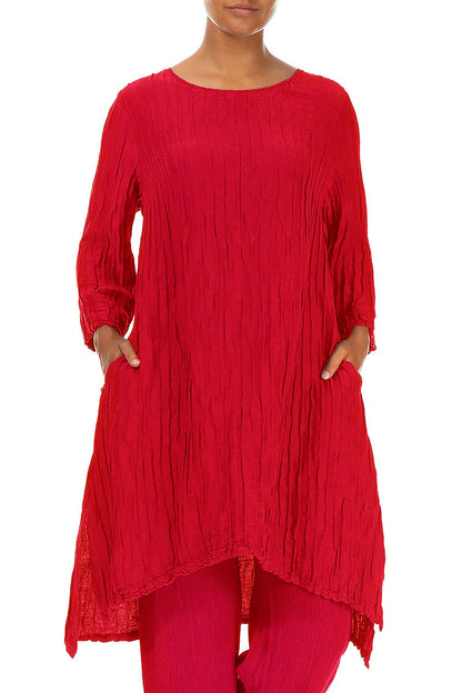 Detachable Collar Crinkled Cherry Red Silk Linen Tunic