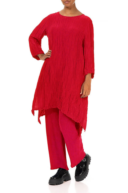 Detachable Collar Crinkled Cherry Red Silk Linen Tunic