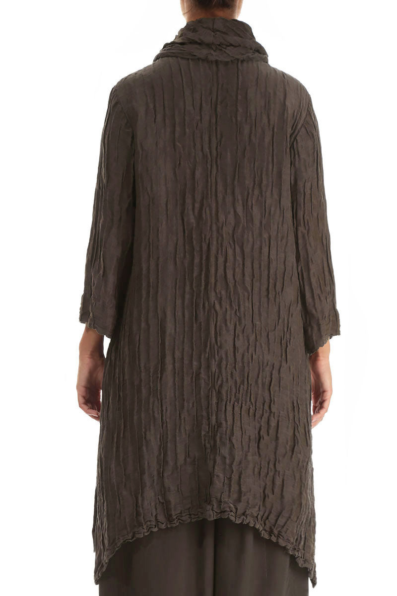 Detachable Collar Crinkled Forest Brown Silk Linen Tunic