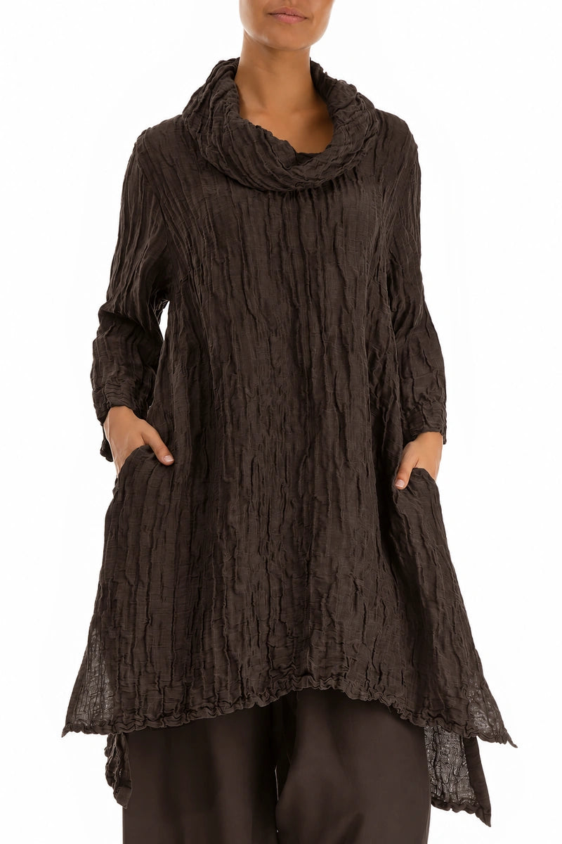 Detachable Collar Crinkled Truffle Brown Silk Linen Tunic 4