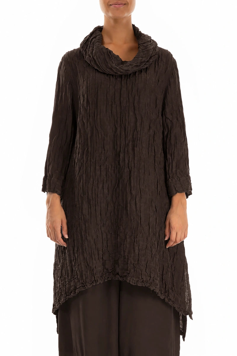 Detachable Collar Crinkled Truffle Brown Silk Linen Tunic 1