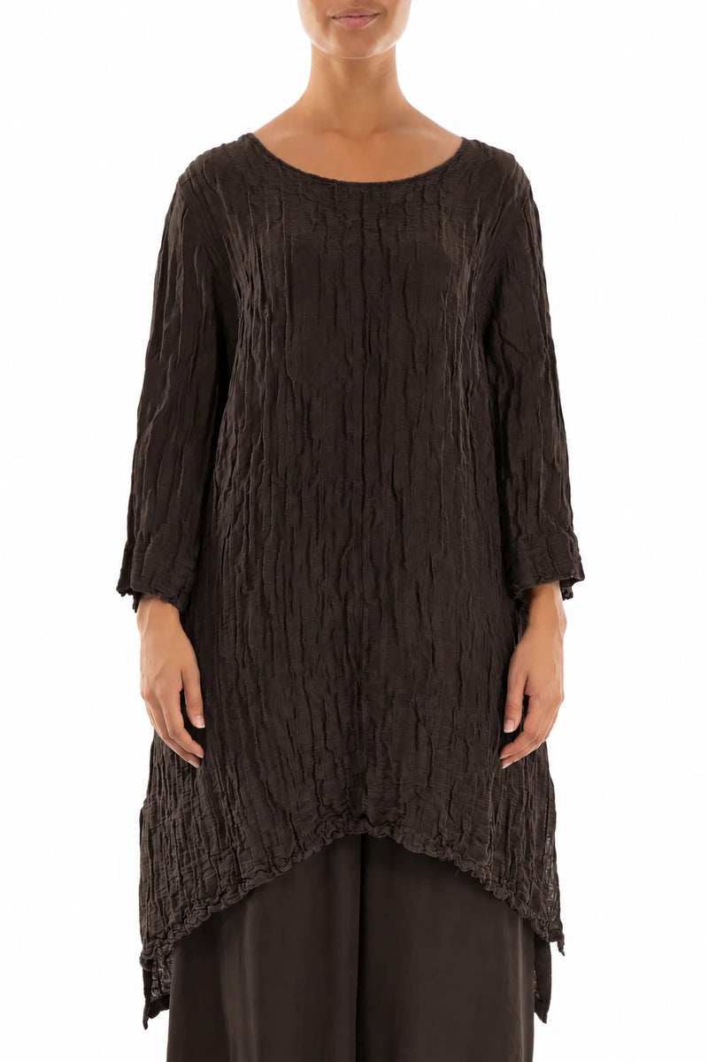 Detachable Collar Crinkled Truffle Brown Silk Linen Tunic 3