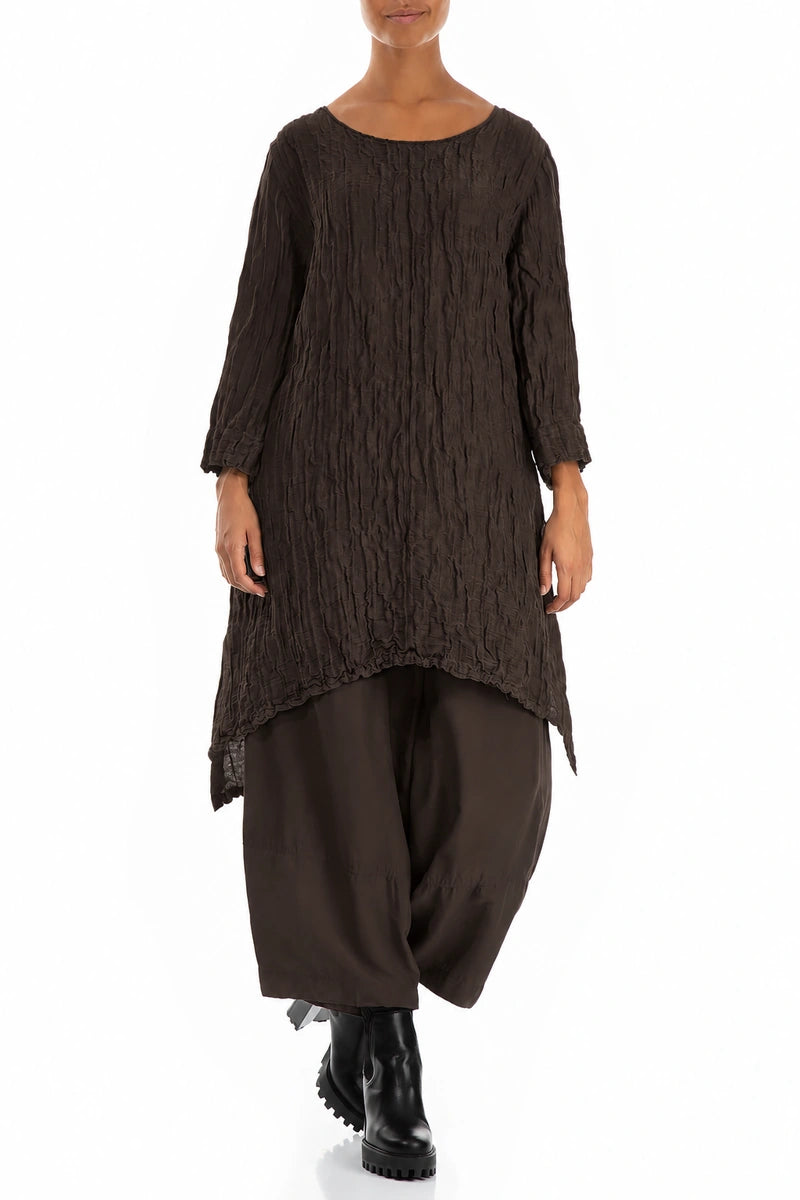 Detachable Collar Crinkled Truffle Brown Silk Linen Tunic 5