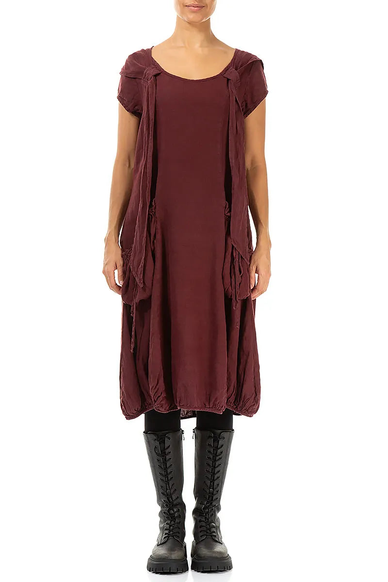 Detachable Hood Burgundy Linen Dress
