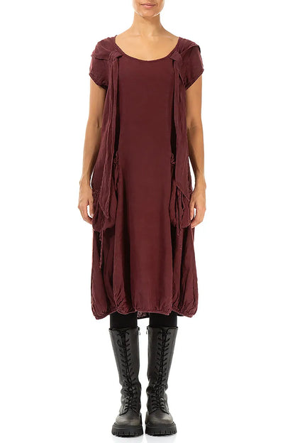 Detachable Hood Burgundy Linen Dress