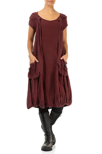 Detachable Hood Burgundy Linen Dress