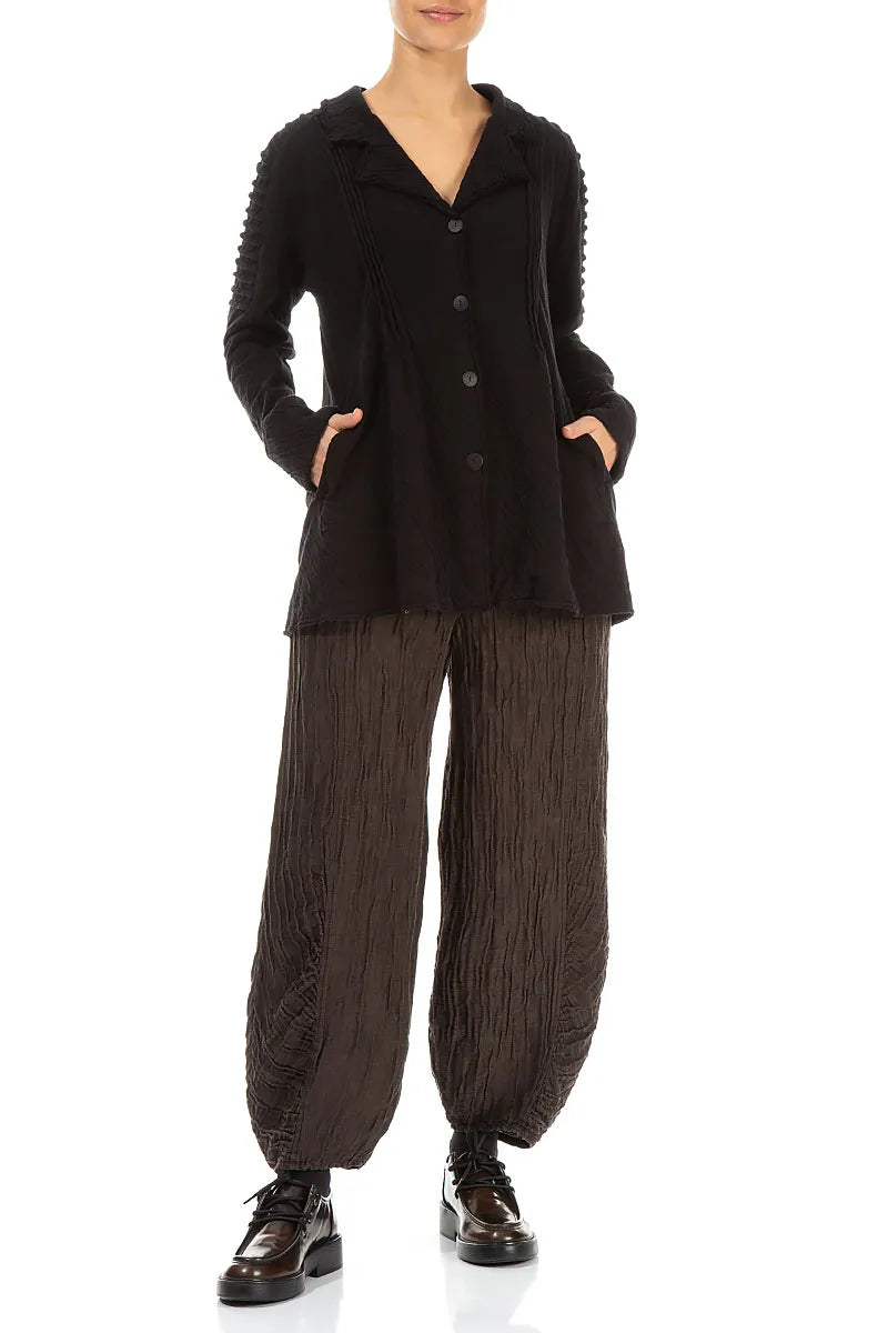Schwarze, gewellte Baumwolljacke mit detaillierter Schulterpartie