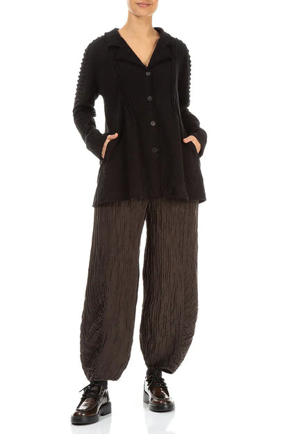 Schwarze, gewellte Baumwolljacke mit detaillierter Schulterpartie