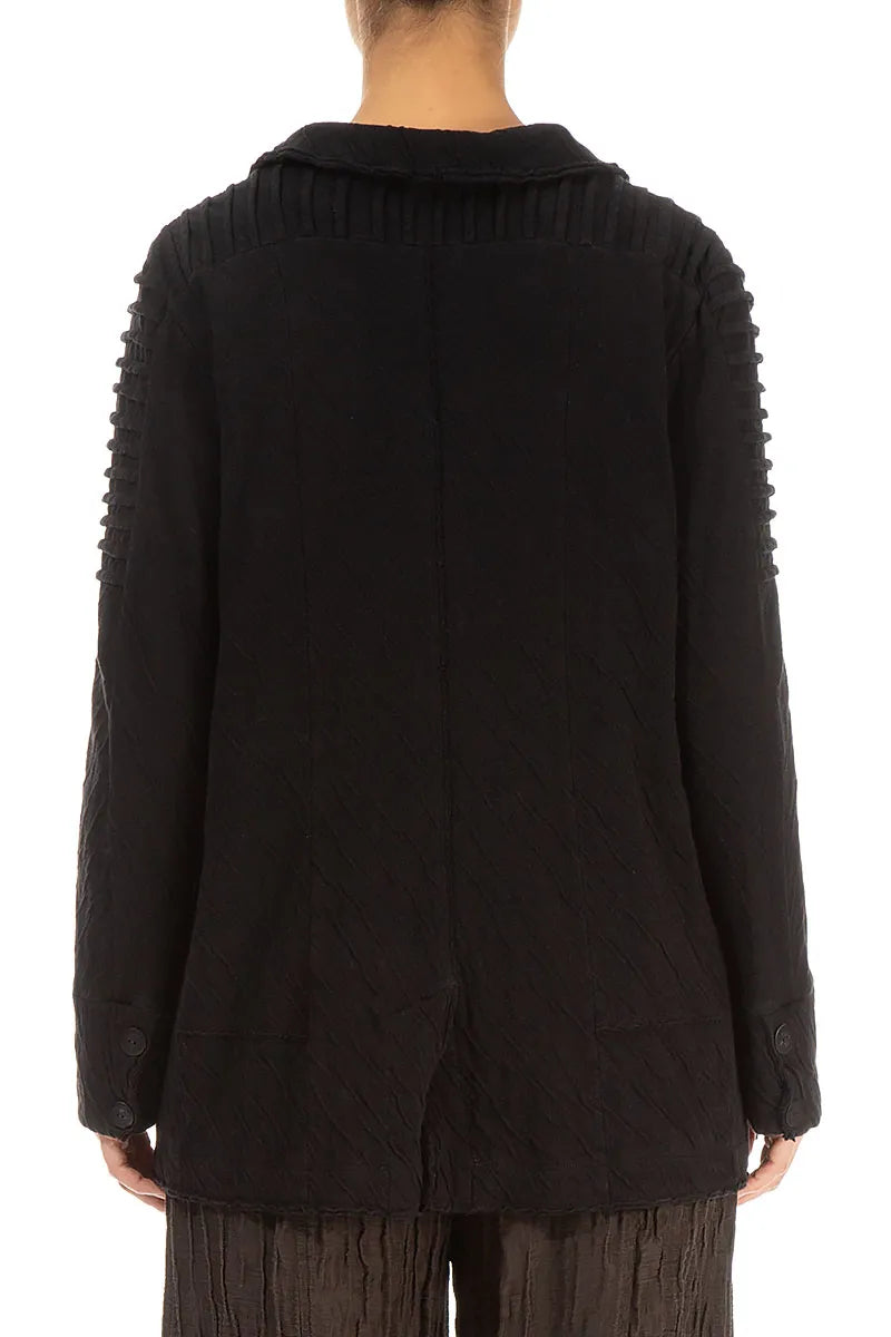 Schwarze, gewellte Baumwolljacke mit detaillierter Schulterpartie