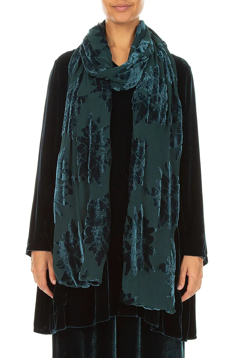 Écharpe en velours de soie à motif paon et fleurs dévorées