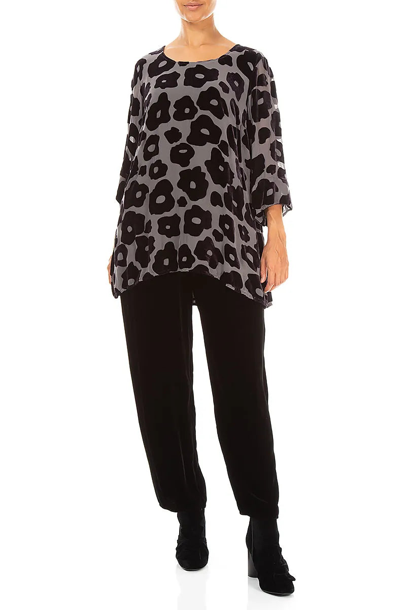 Devoré Flowers Charcoal Silk Velvet Tunic