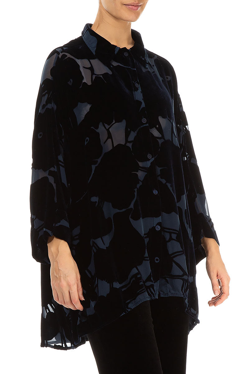 Devoré Pattern Midnight Blue Silk Velvet Shirt 3