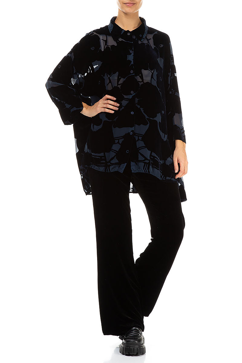 Devoré Pattern Midnight Blue Silk Velvet Shirt 4