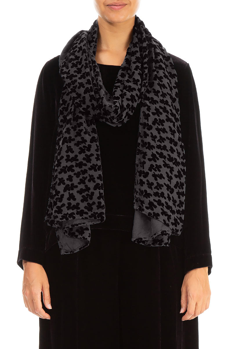 Devoré Petals Black Silk Velvet Scarf 1