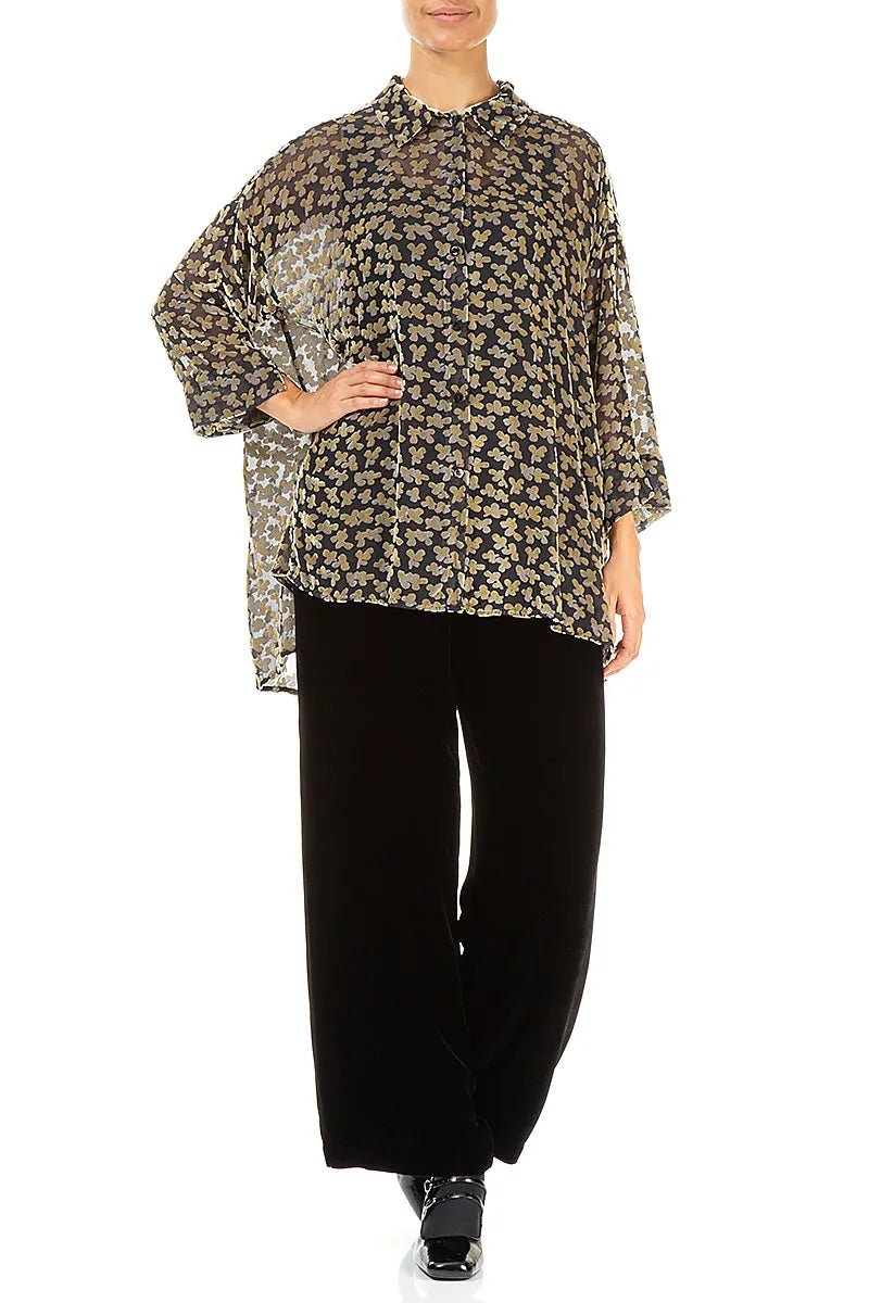 Chemise ample en velours de soie doré à pétales dévorés