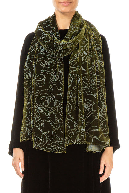 Devoré Roses Forest Mist Silk Velvet Scarf