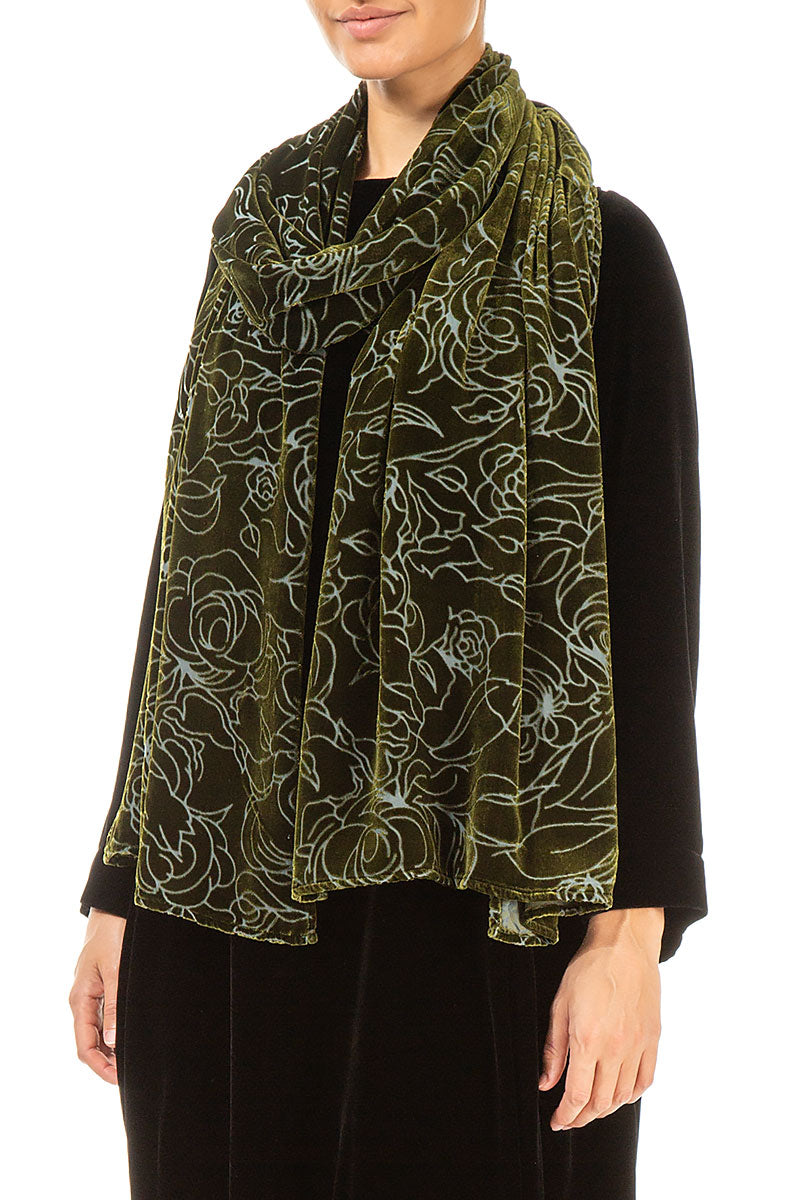 Devoré Roses Forest Mist Silk Velvet Scarf