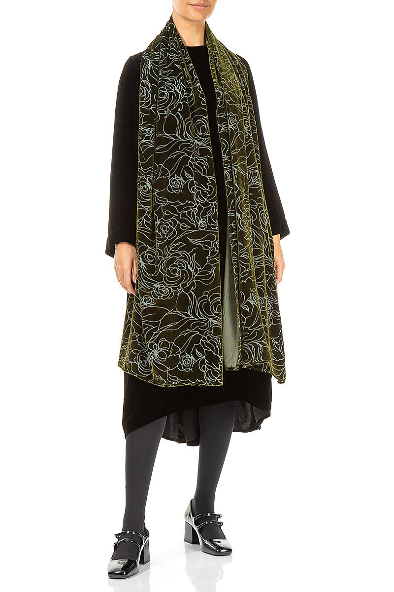 Devoré Roses Forest Mist Silk Velvet Scarf