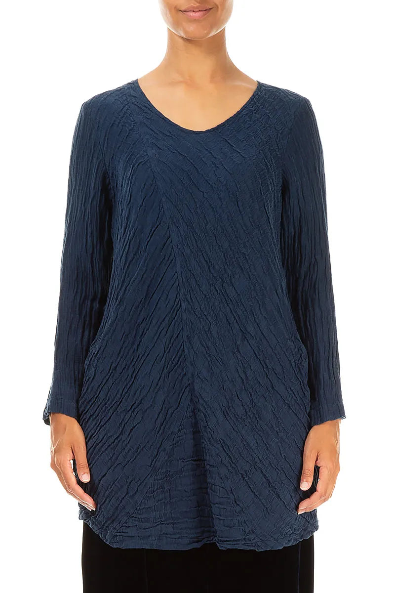 Directional Crinkled Navy Silk Linen Blouse