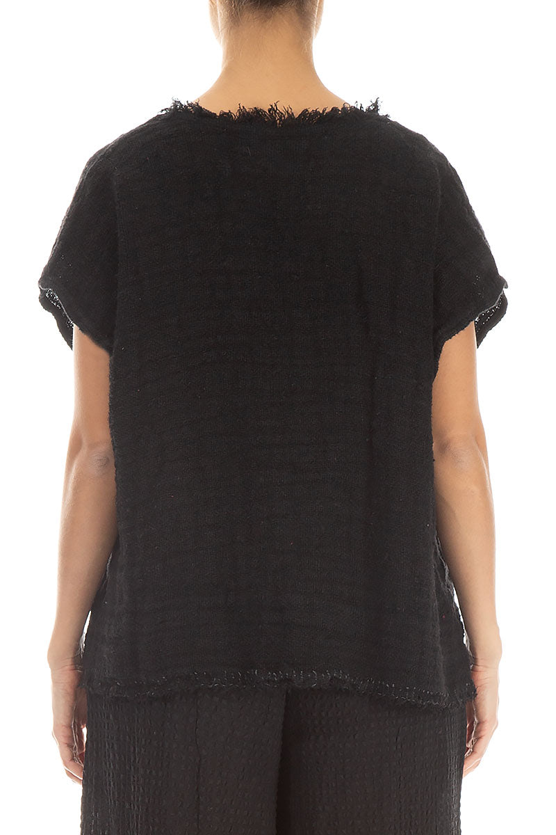 Distressed Black Handwoven Linen Blouse 2