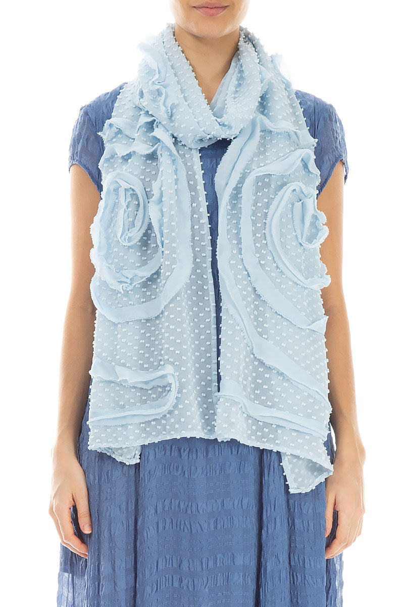 Dotty Frilly Flower Sky Blue Silk Scarf 1