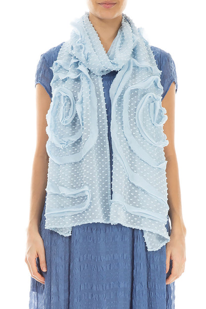 Dotty Frilly Flower Sky Blue Silk Scarf 1