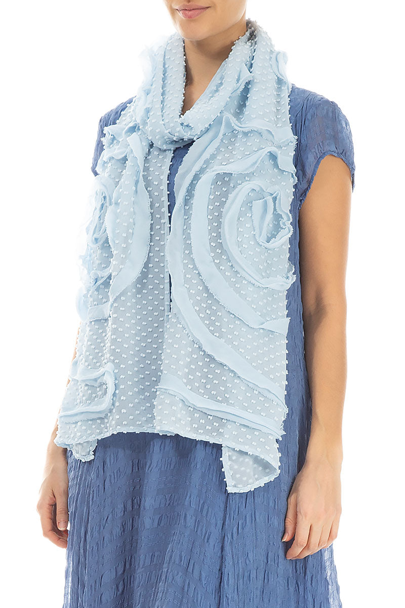 Dotty Frilly Flower Sky Blue Silk Scarf 3