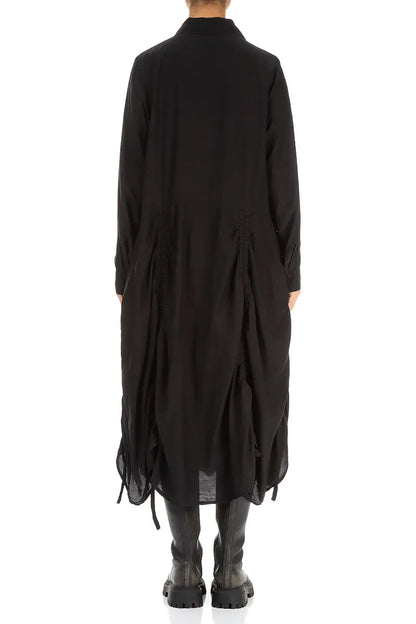 Robe drapée en soie noire à plis en bambou