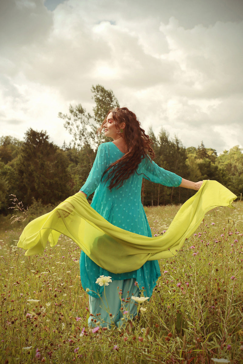 Draped Bright Turquoise Dotty Silk Dress 5