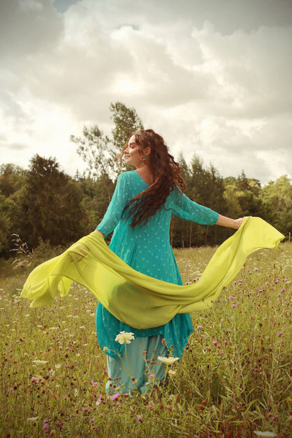 Draped Bright Turquoise Dotty Silk Dress 5