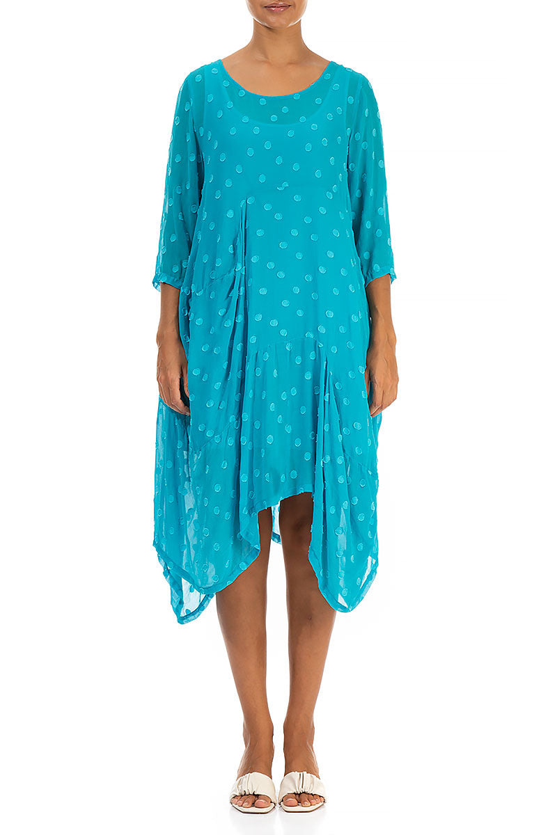 Draped Bright Turquoise Dotty Silk Dress 1