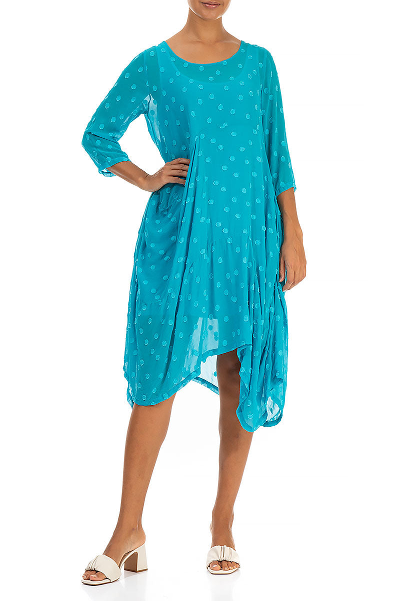 Draped Bright Turquoise Dotty Silk Dress 3