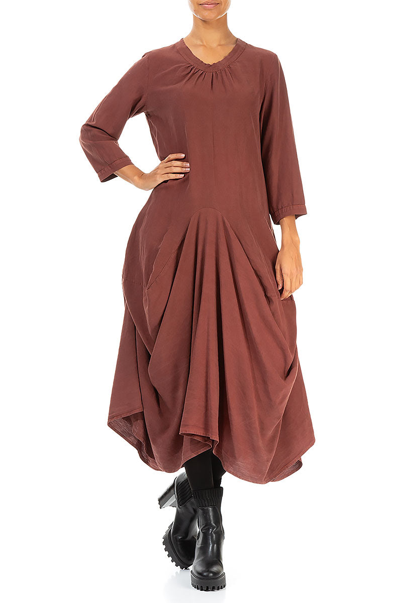Draped Cocoa Silk Linen Dress 4