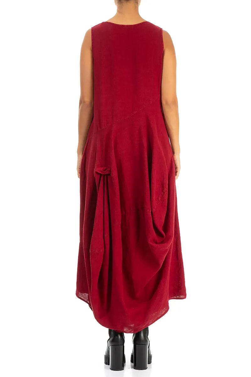 Draped Dark Red Linen Dress 2