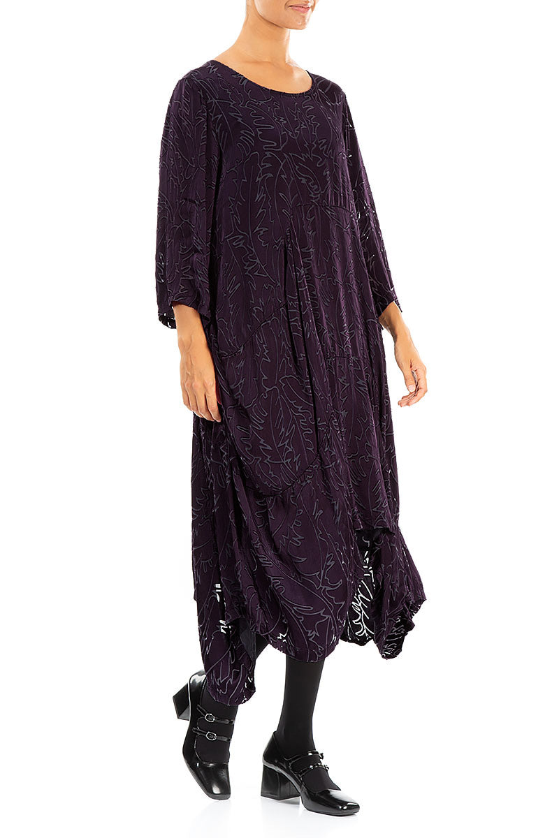 Draped Deep Plum Devoré Feather Silk Dress 3