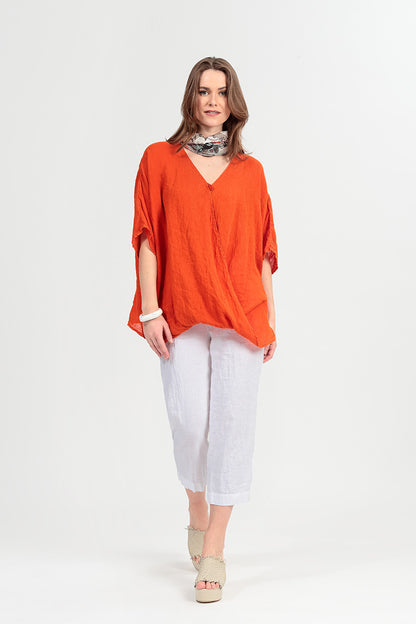 Draped Flame Orange Gauze Linen Blouse 1