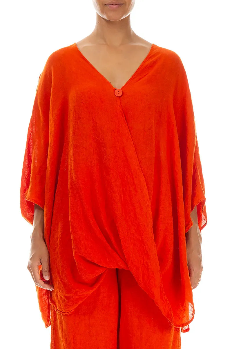 Draped Flame Orange Gauze Linen Blouse 2