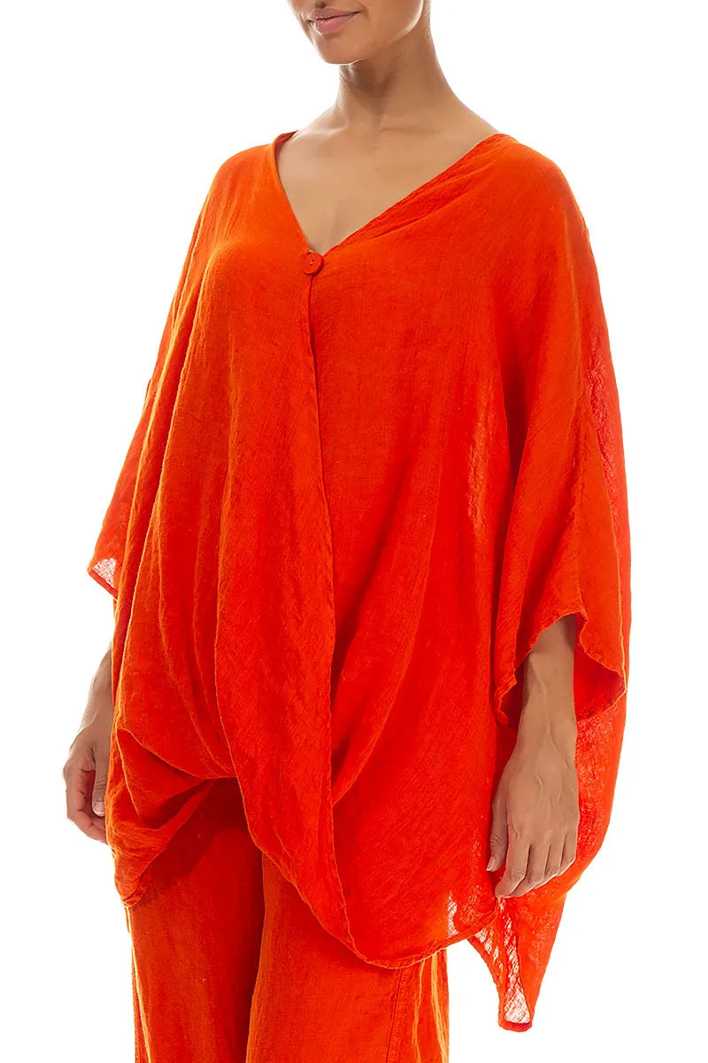 Draped Flame Orange Gauze Linen Blouse 4