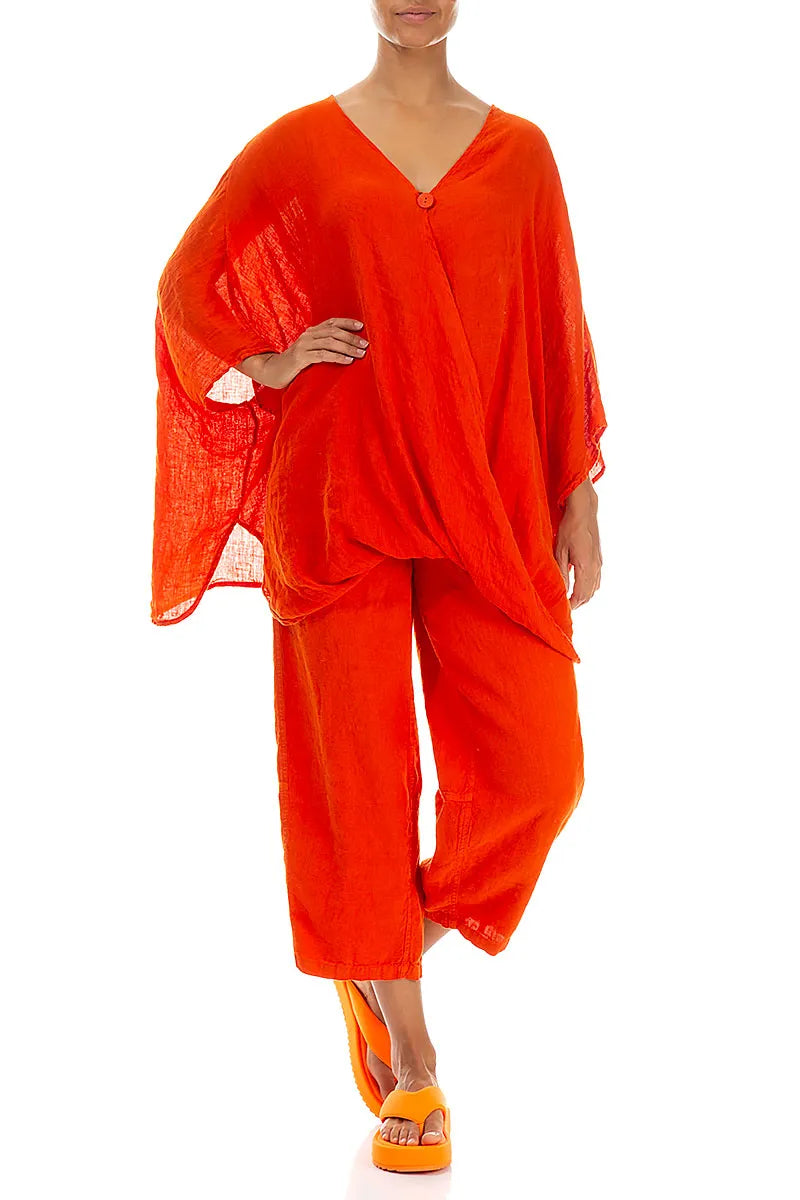 Draped Flame Orange Gauze Linen Blouse 5
