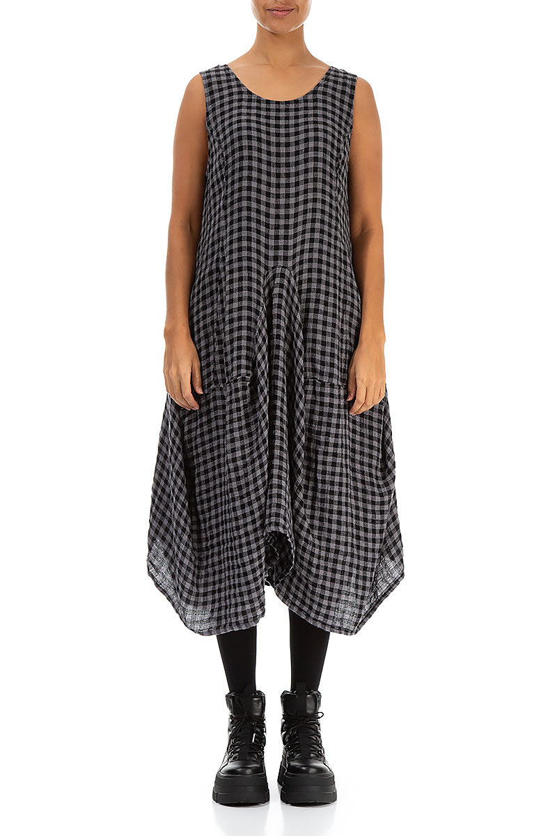 Draped Grey Check Linen Dress 1