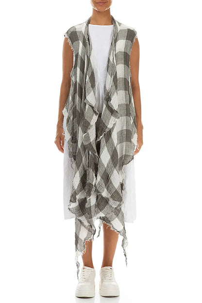 Draped Large Check White Gauze Linen Vest 1