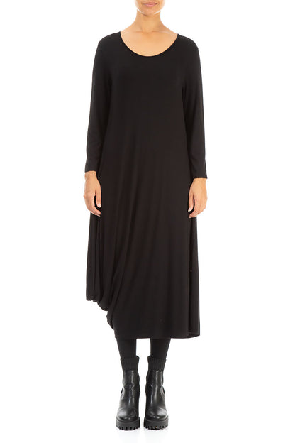 Draped Side Black Cotton Dress 1