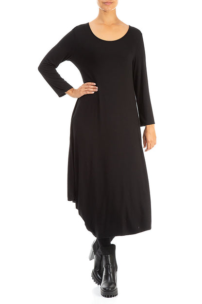 Draped Side Black Cotton Dress 4