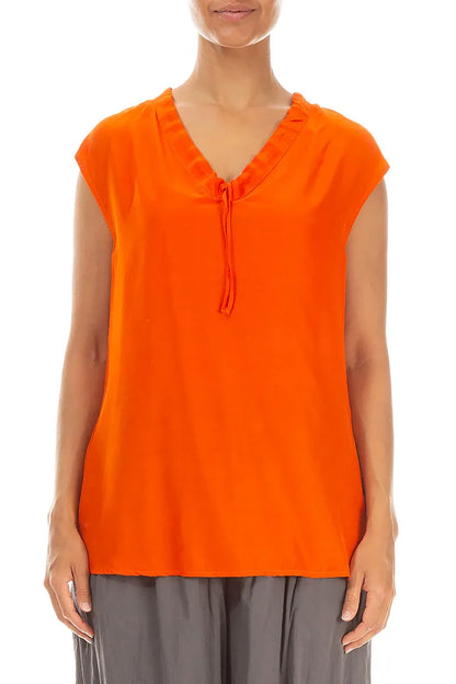 Draped V-Neck Flame Orange Silk Bamboo Blouse 1