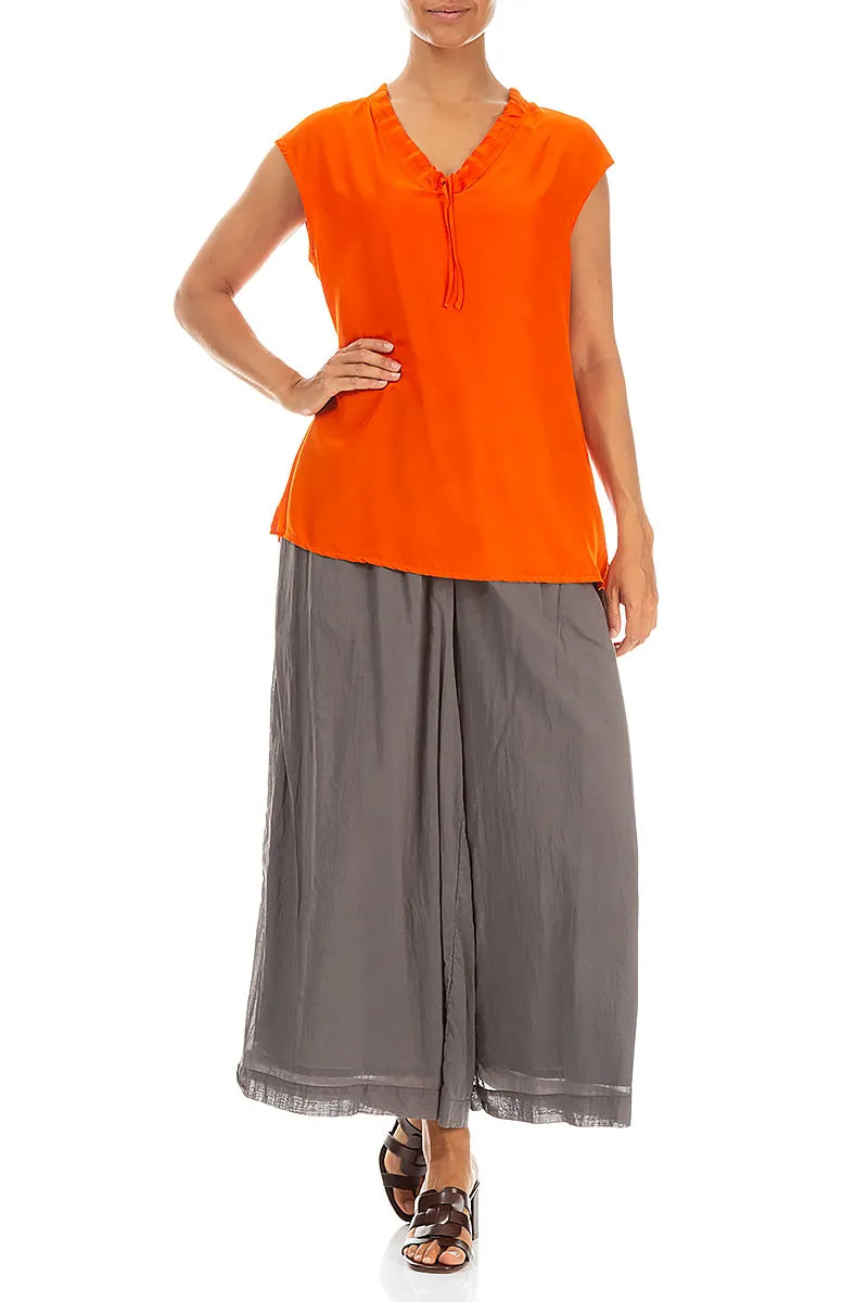 Draped V-Neck Flame Orange Silk Bamboo Blouse 4